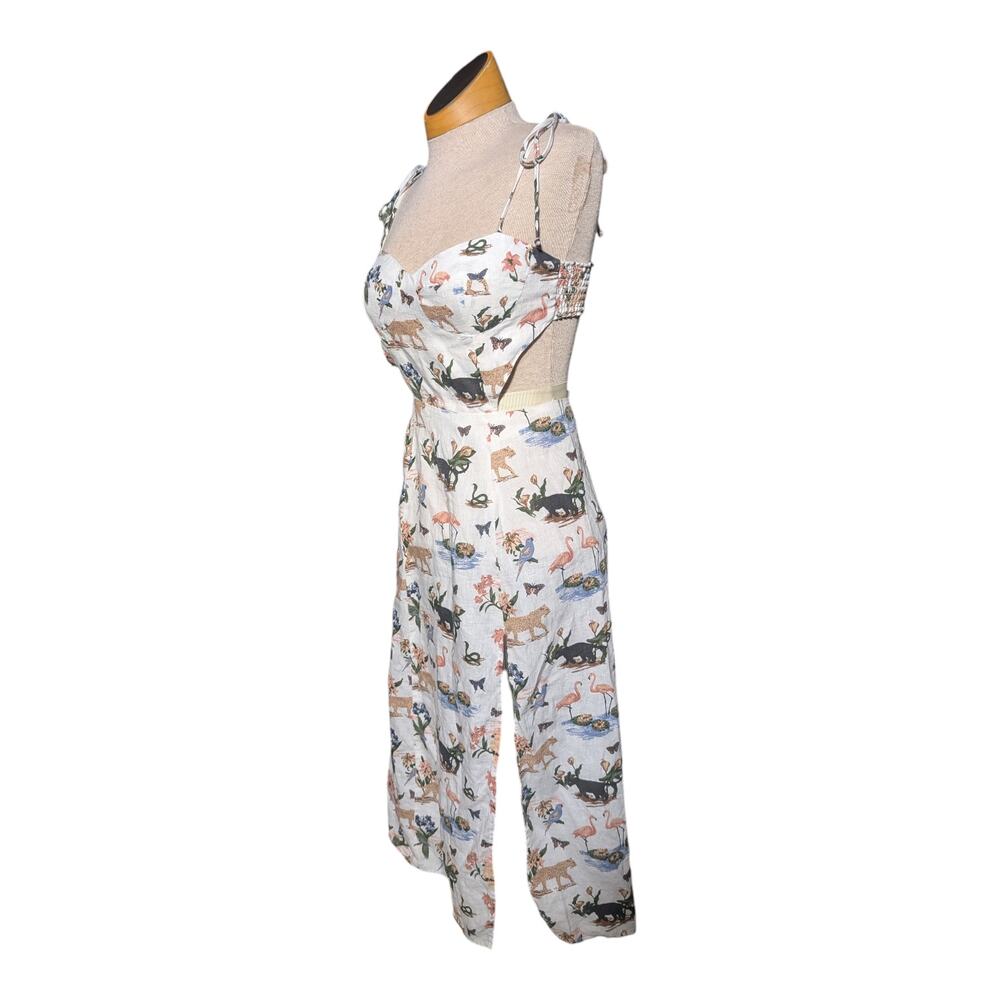 Reformation Alessa Janeiro Ivory Jungle Animal Print Cutout Linen Midi Dress 0